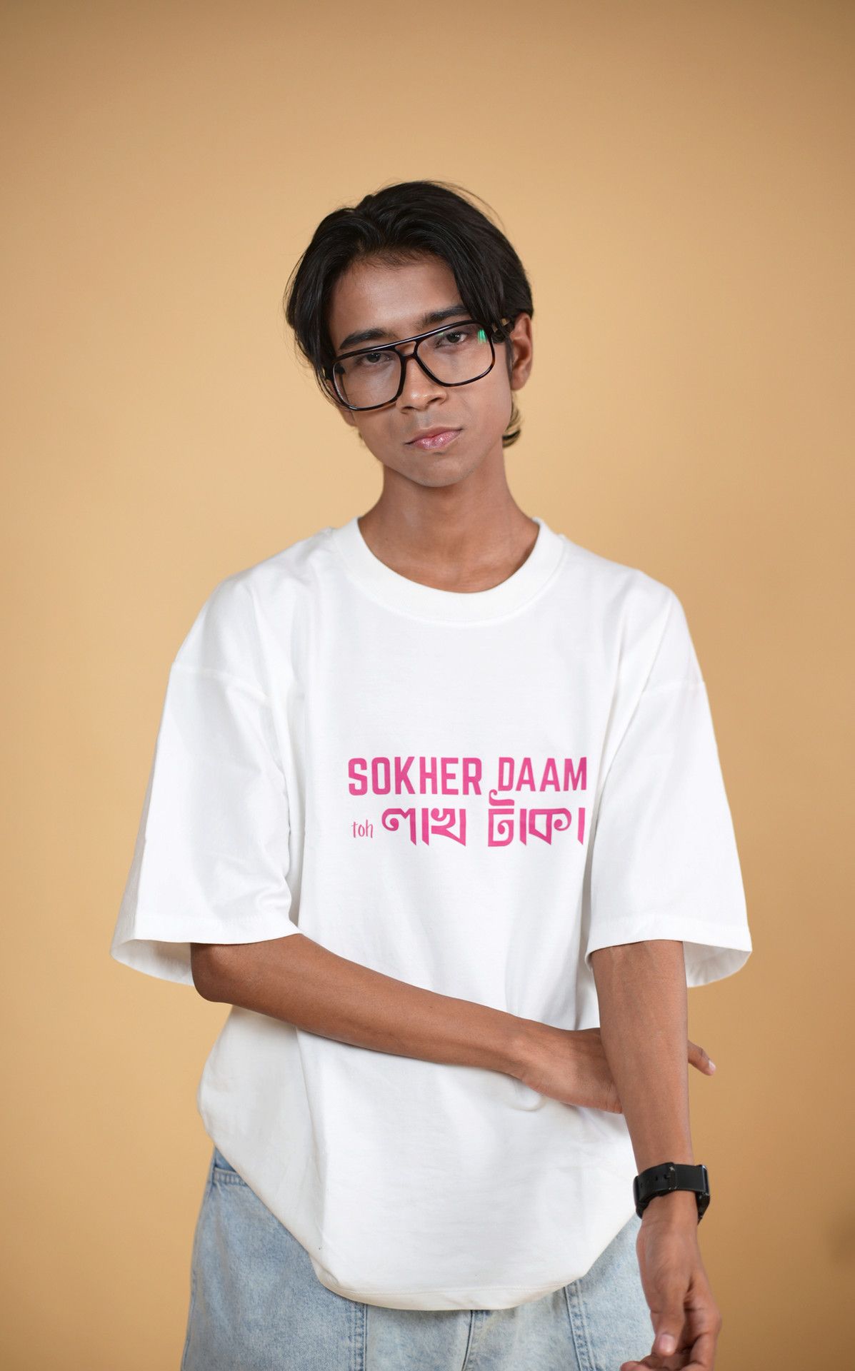 Shokher Daam White Printed Oversized Tshirt